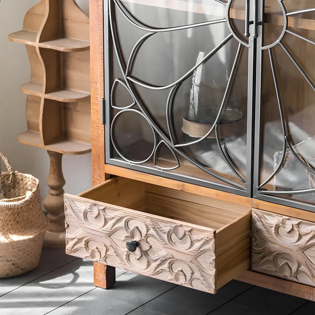 Traditional Wooden Glass Display Cabinet with Intricate Design Image - 13