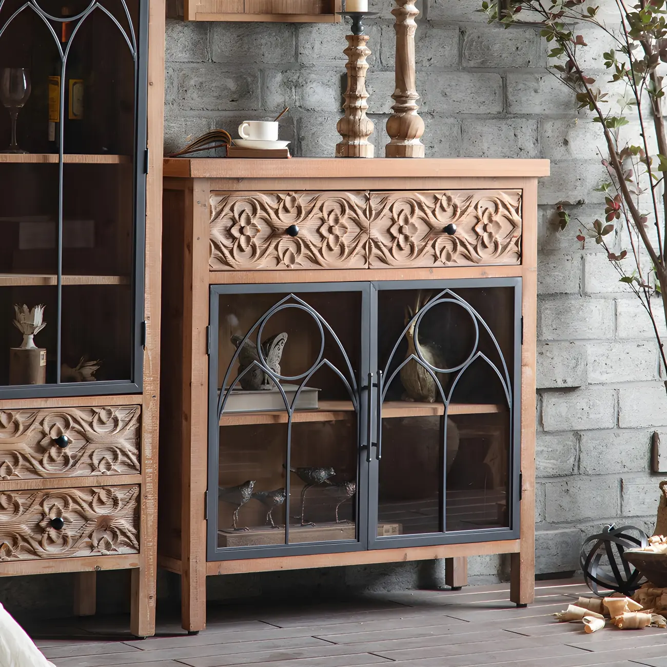 Traditional Wooden Display Cabinet with Glass Doors for Home Image - 4 | homeyfad