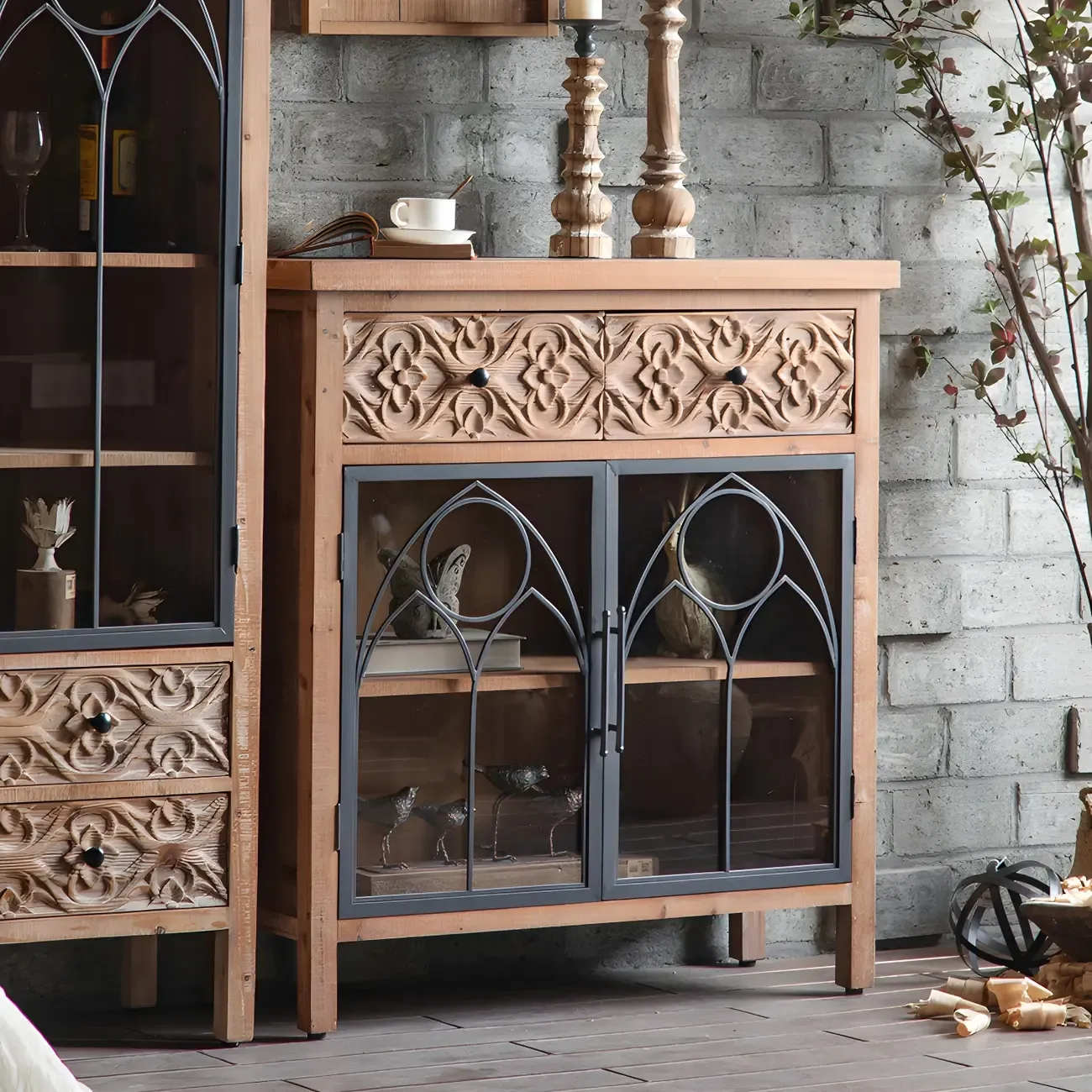 Traditional Wooden Display Cabinet with Glass Doors for Home Image - 4