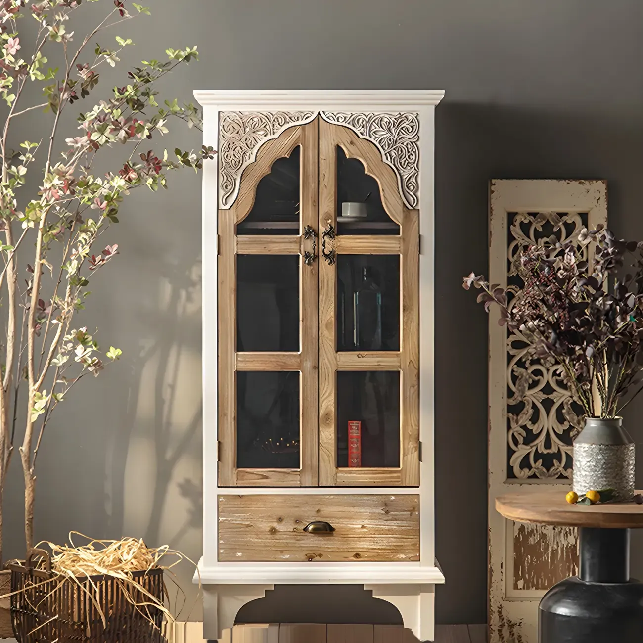 Traditional Wooden Display Cabinet with Glass Doors for Home Image - 5