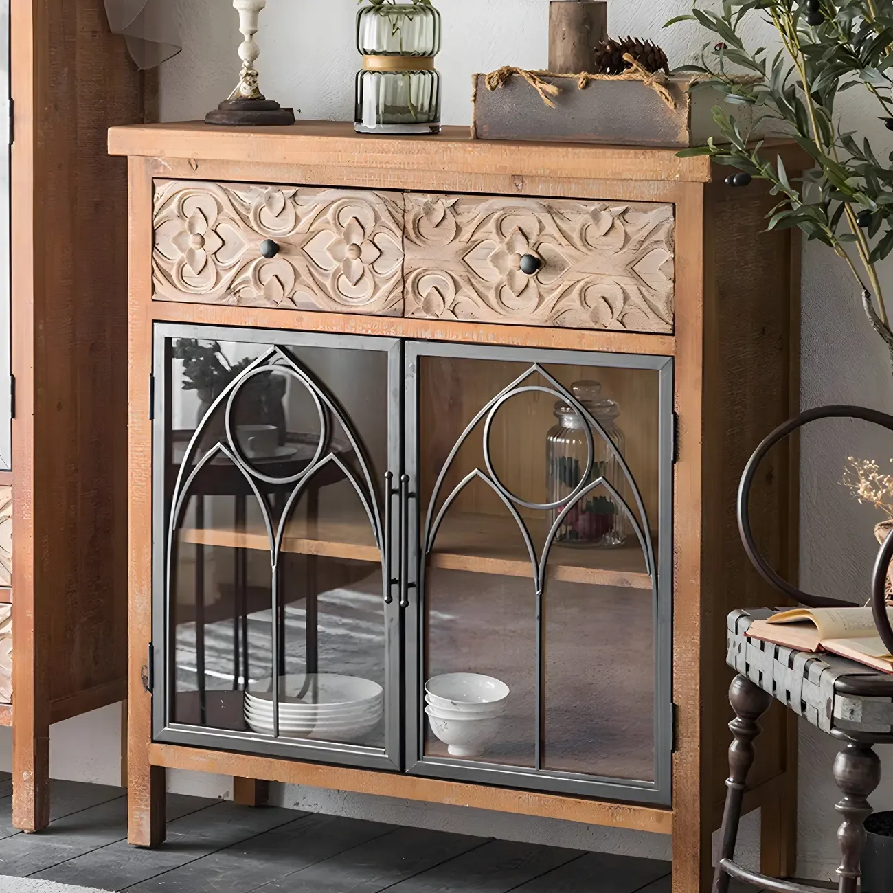 Traditional Wooden Display Cabinet with Glass Doors for Home Image - 9