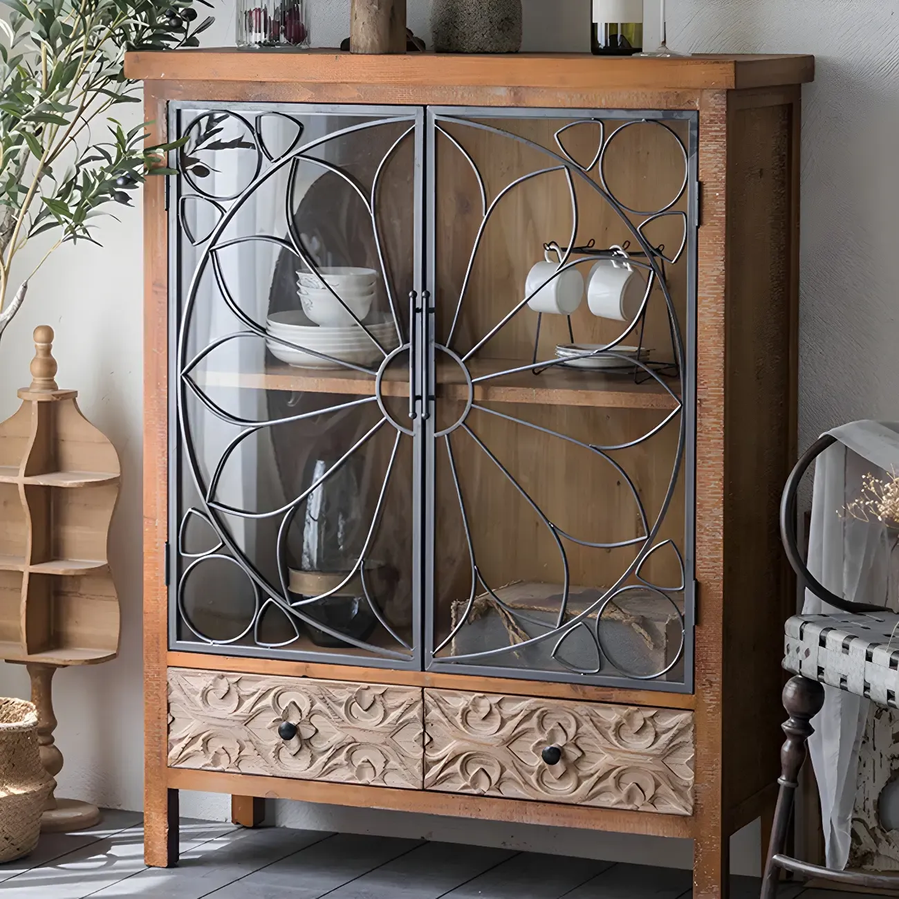 Traditional Wooden Display Cabinet with Glass Doors for Home Image - 12