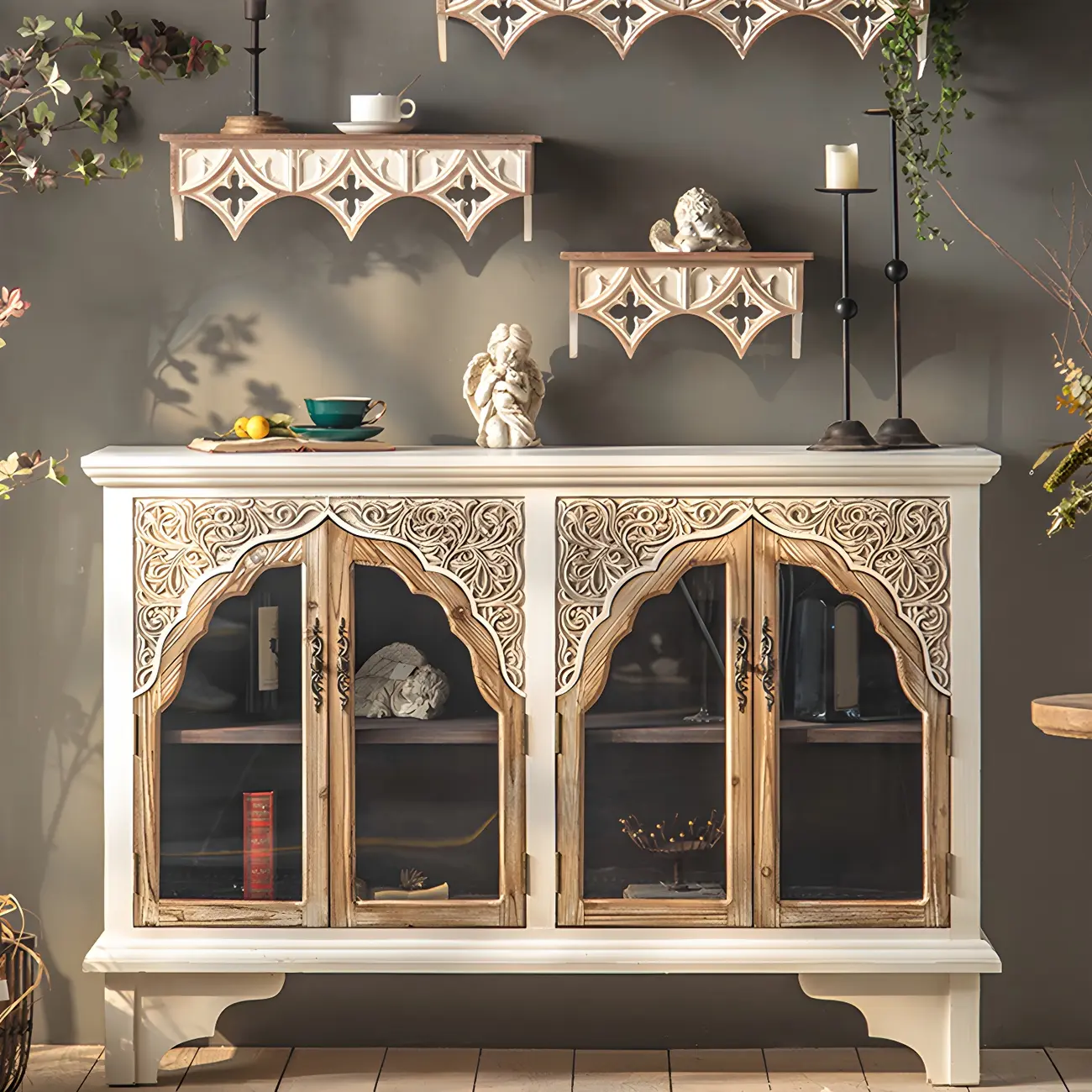 Traditional Wooden Display Cabinet with Glass Doors for Home Image - 18 | homeyfad