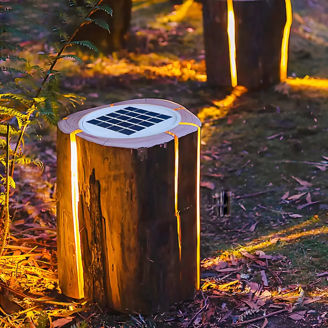 Resin Solar Wood Finish Cylinder Post Cap Light Image - 1