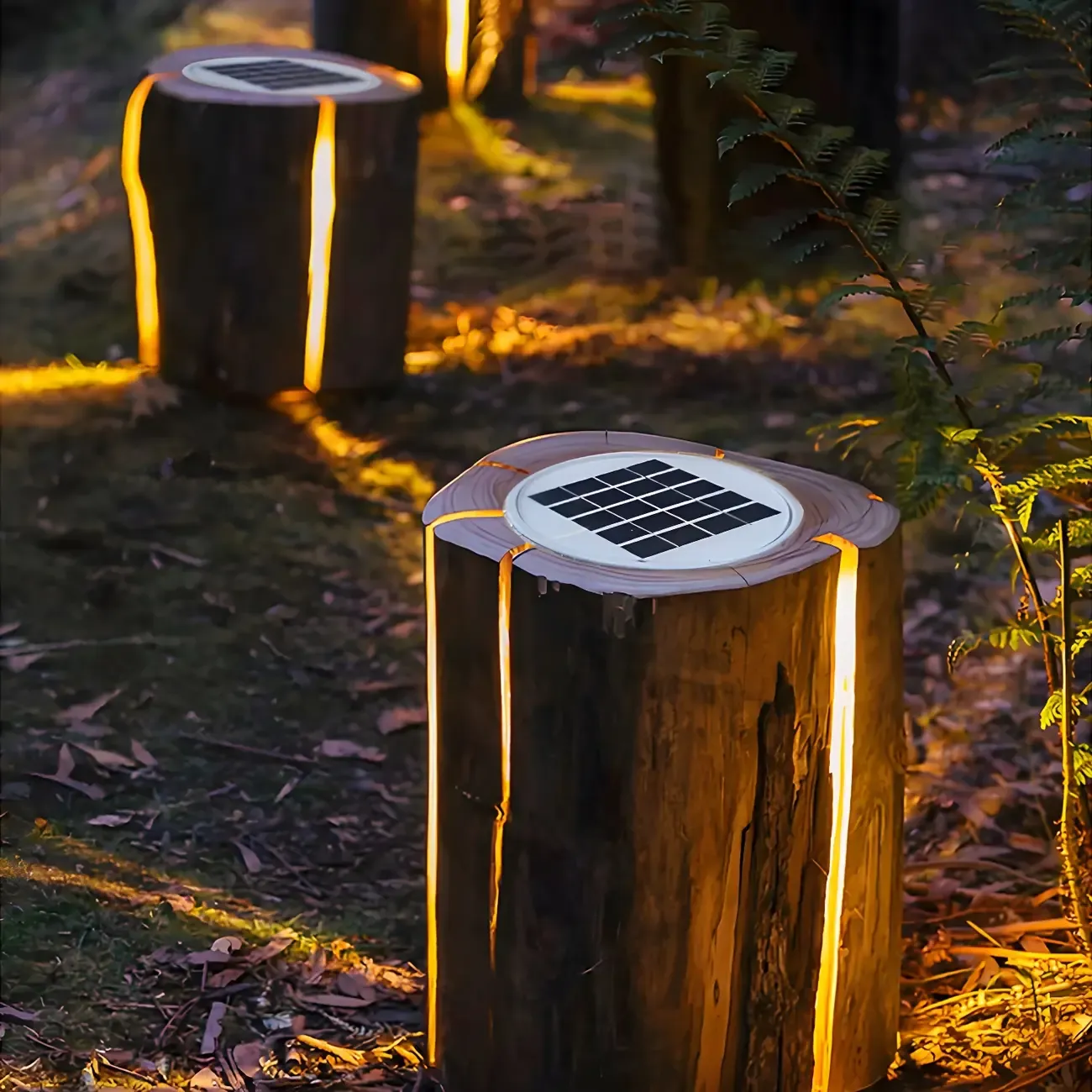 Resin Solar Wood Finish Cylinder Post Cap Light Image - 2