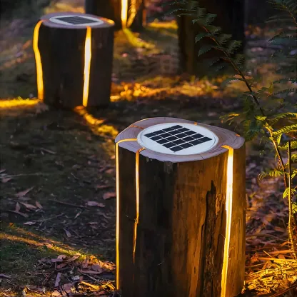 Resin Solar Wood Finish Cylinder Post Cap Light Image - 2