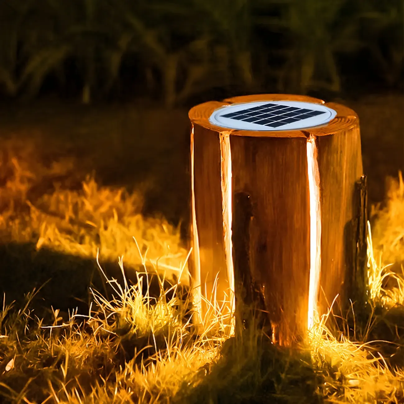 Resin Solar Wood Finish Cylinder Post Cap Light Image - 3
