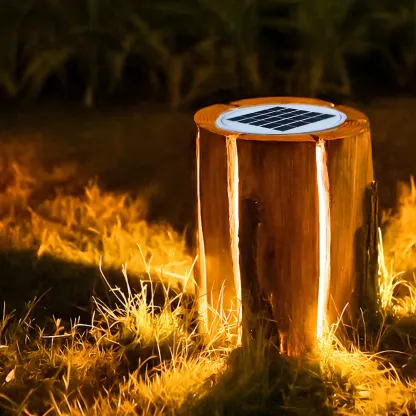 Resin Solar Wood Finish Cylinder Post Cap Light Image - 3