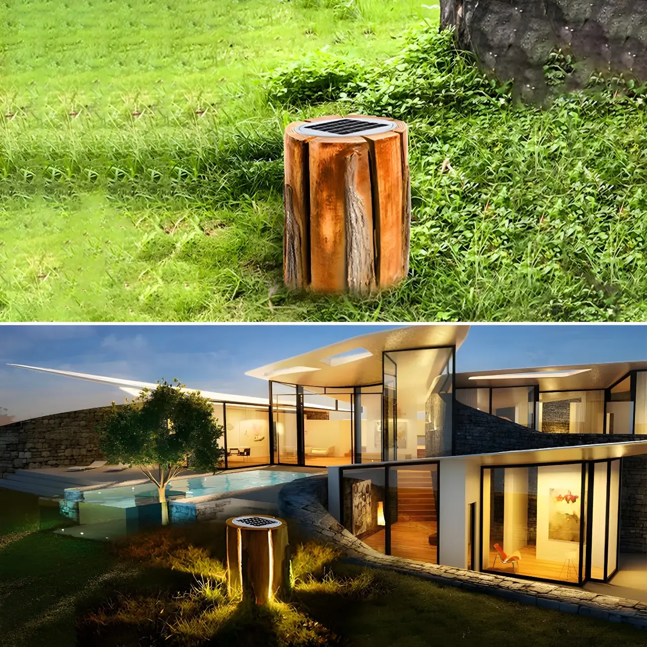 Resin Solar Wood Finish Cylinder Post Cap Light Image - 4
