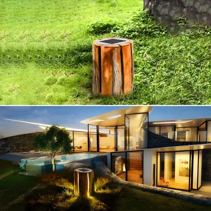 Resin Solar Wood Finish Cylinder Post Cap Light Image - 4