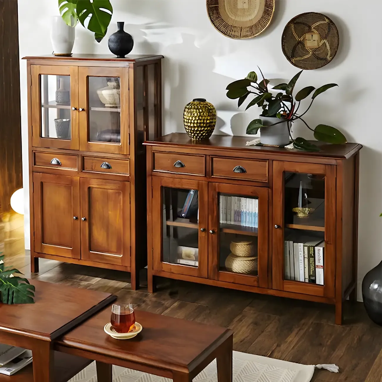 Traditional Wood Brown Glass Door Storage China Cabinet - HomeyFad