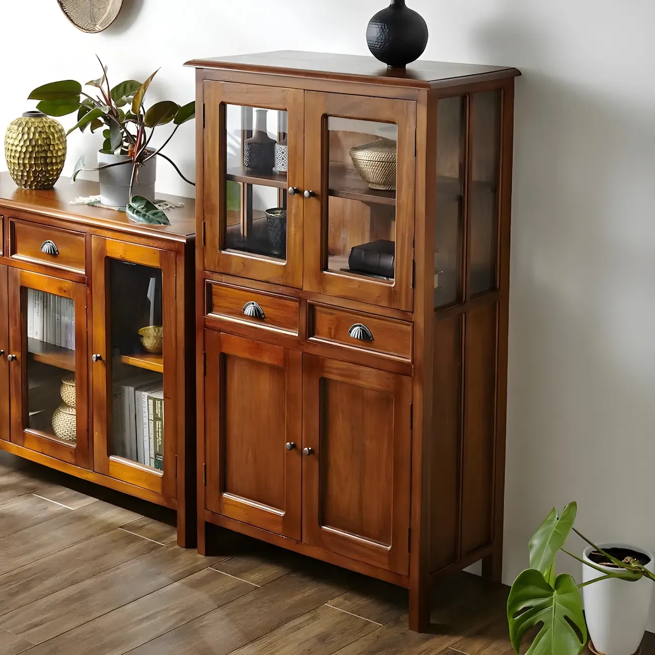 Traditional Solid Wood Display Cabinet with Glass Doors for Home Image - 4