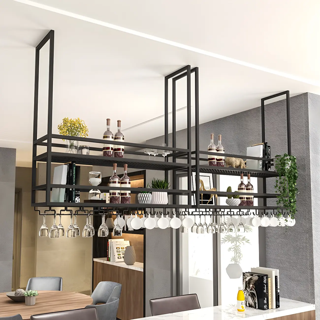 Black Metal Large Hanging Wine Rack with Glass Holder Image - 1 | homeyfad