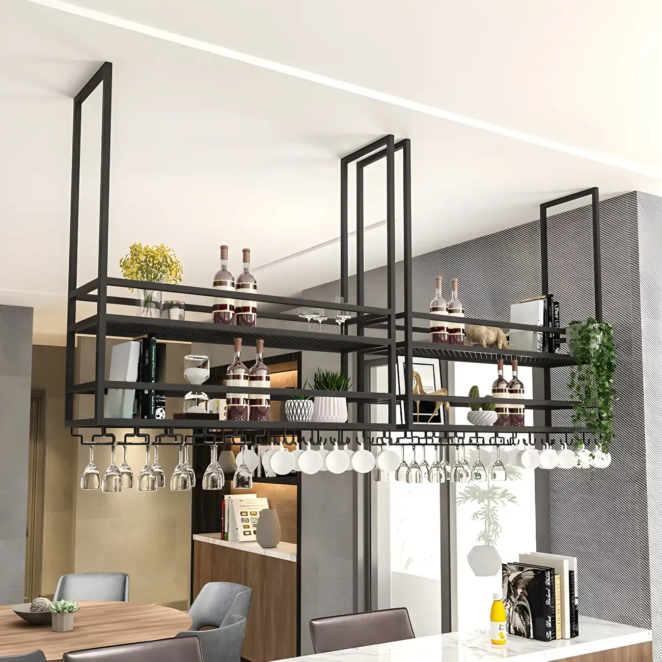 Black Metal Large Hanging Wine Rack with Glass Holder Image - 1