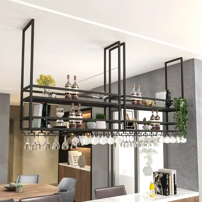 Black Metal Large Hanging Wine Rack with Glass Holder Image - 1