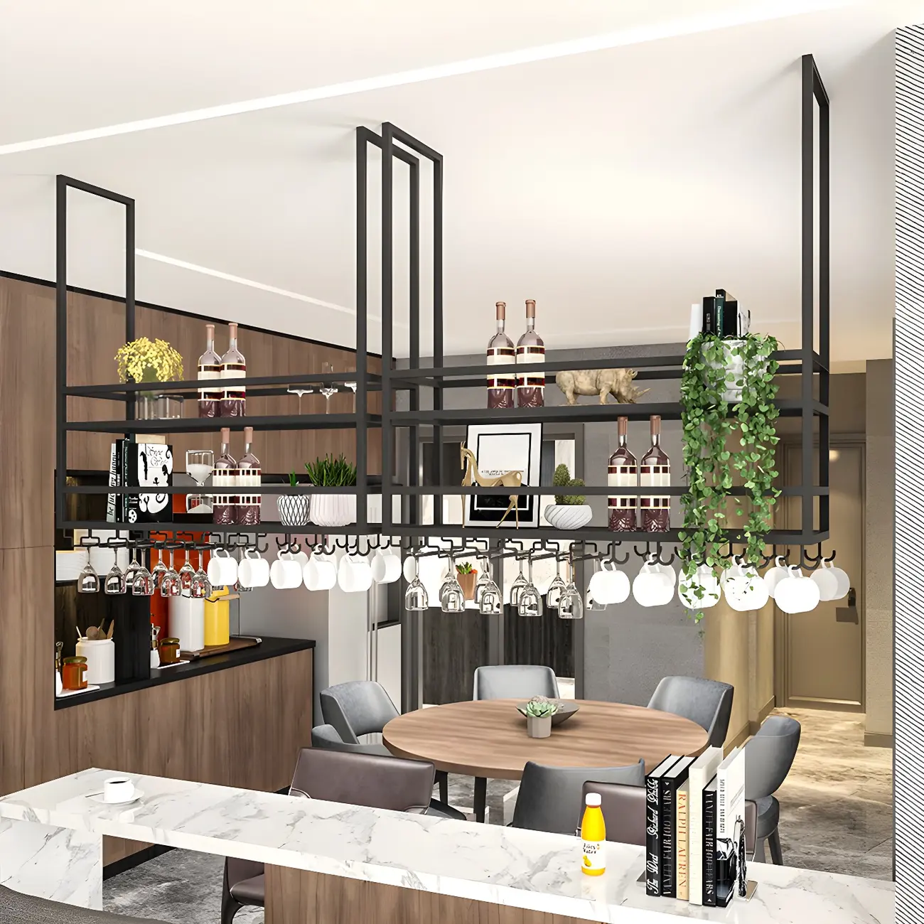 Black Metal Large Hanging Wine Rack with Glass Holder Image - 2 | homeyfad