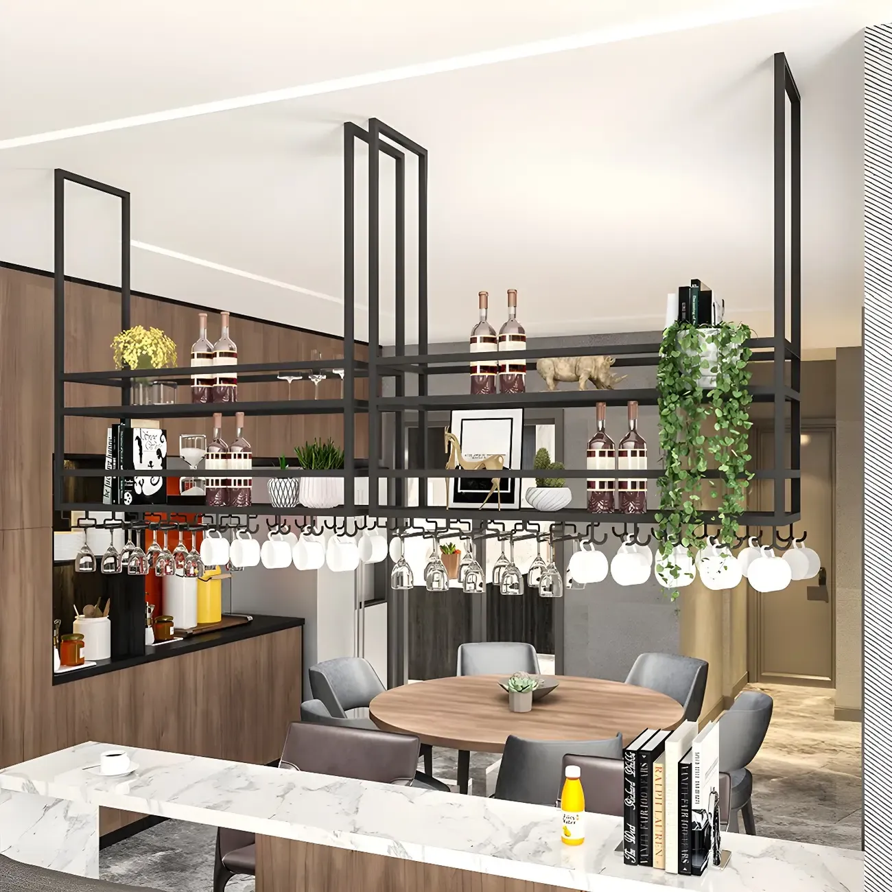 Black Metal Large Hanging Wine Rack with Glass Holder Image - 2