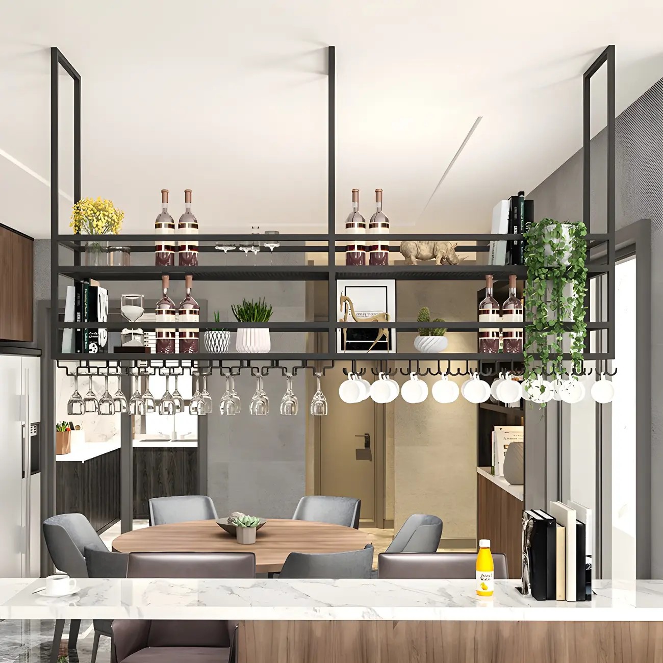 Black Metal Large Hanging Wine Rack with Glass Holder Image - 4 | homeyfad