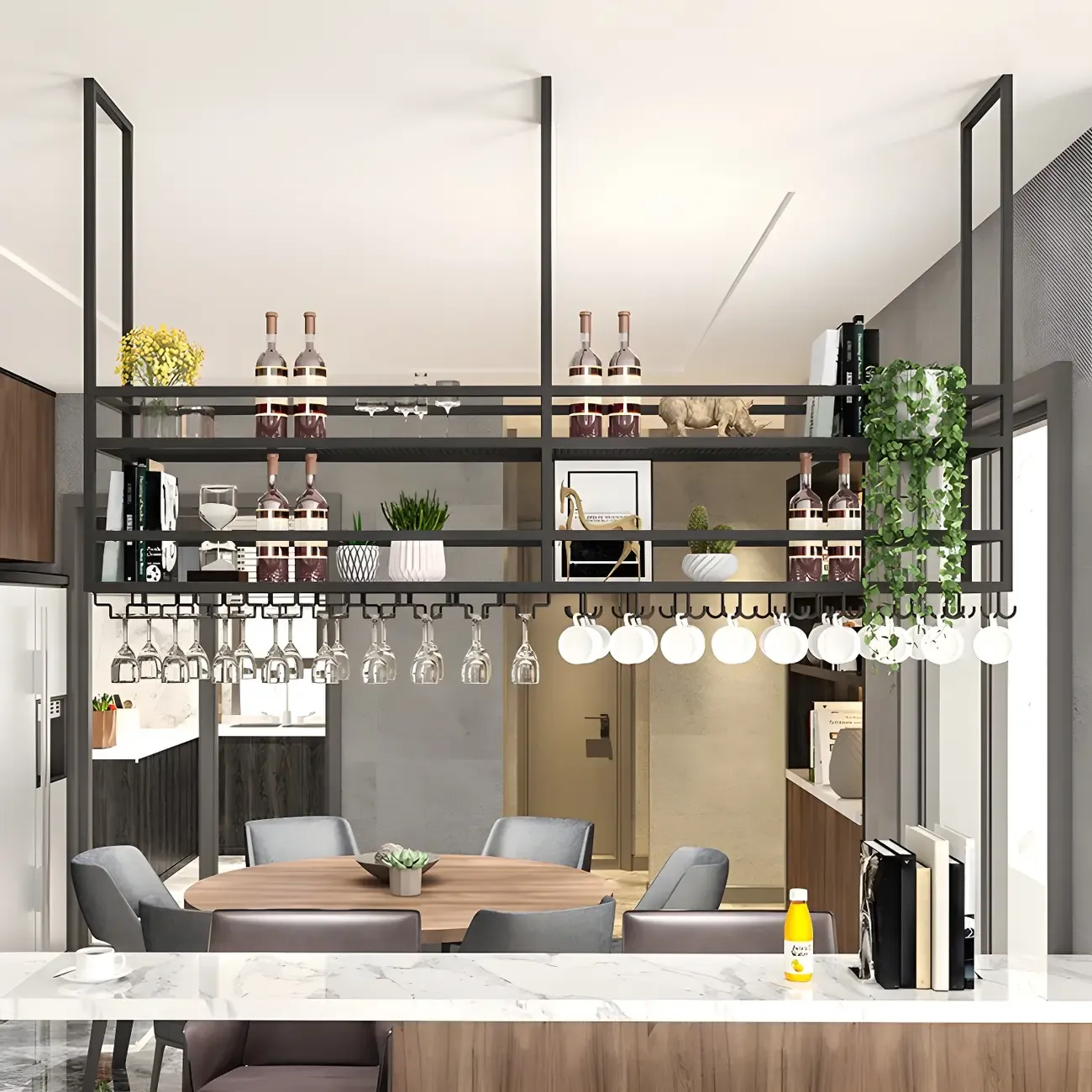 Black Metal Large Hanging Wine Rack with Glass Holder Image - 4