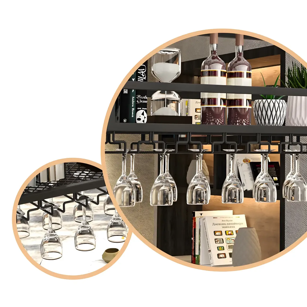 Black Metal Large Hanging Wine Rack with Glass Holder Image - 6