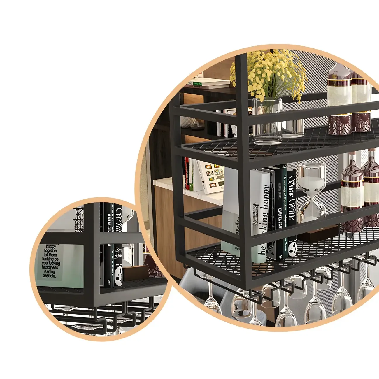 Black Metal Large Hanging Wine Rack with Glass Holder Image - 7