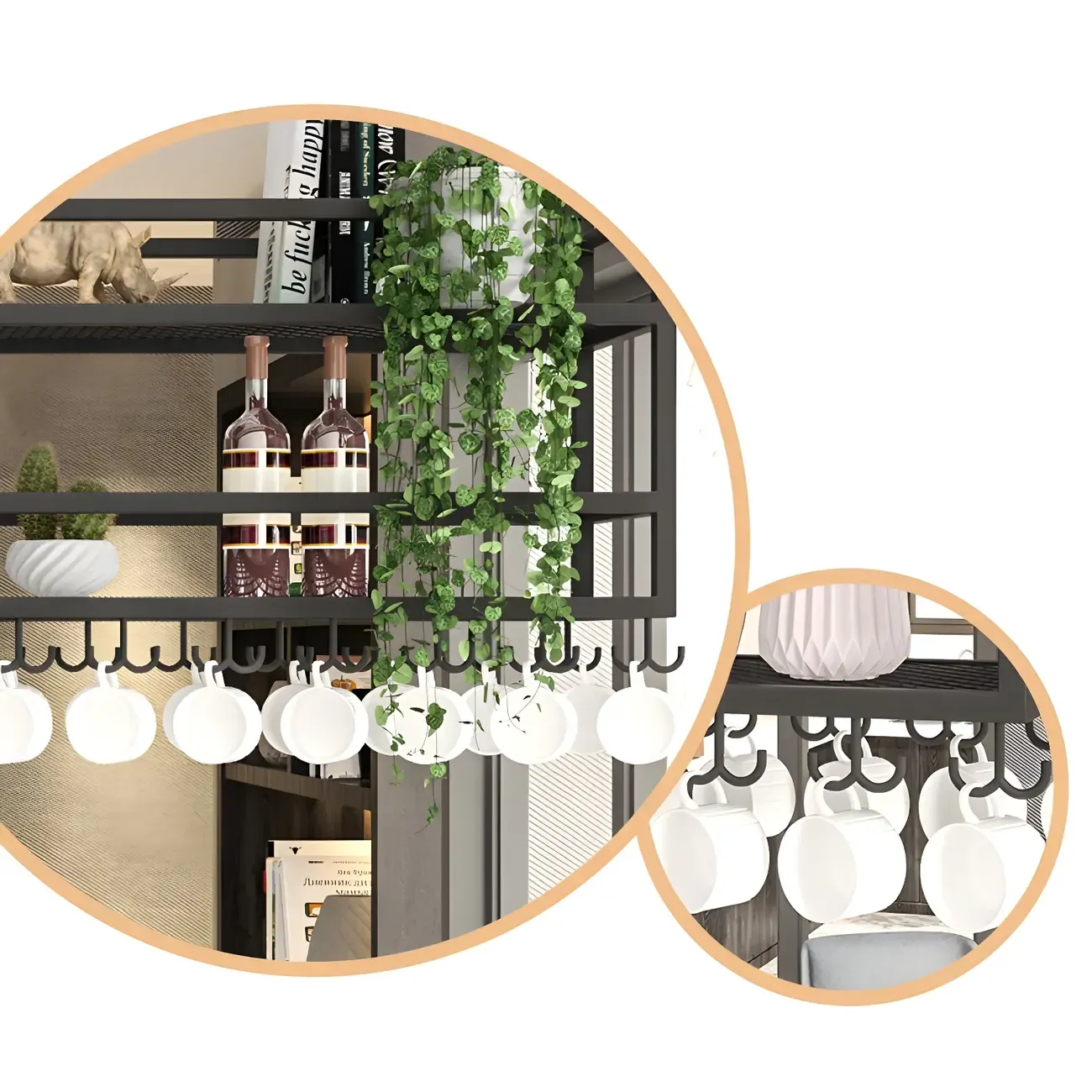 Black Metal Large Hanging Wine Rack with Glass Holder Image - 8