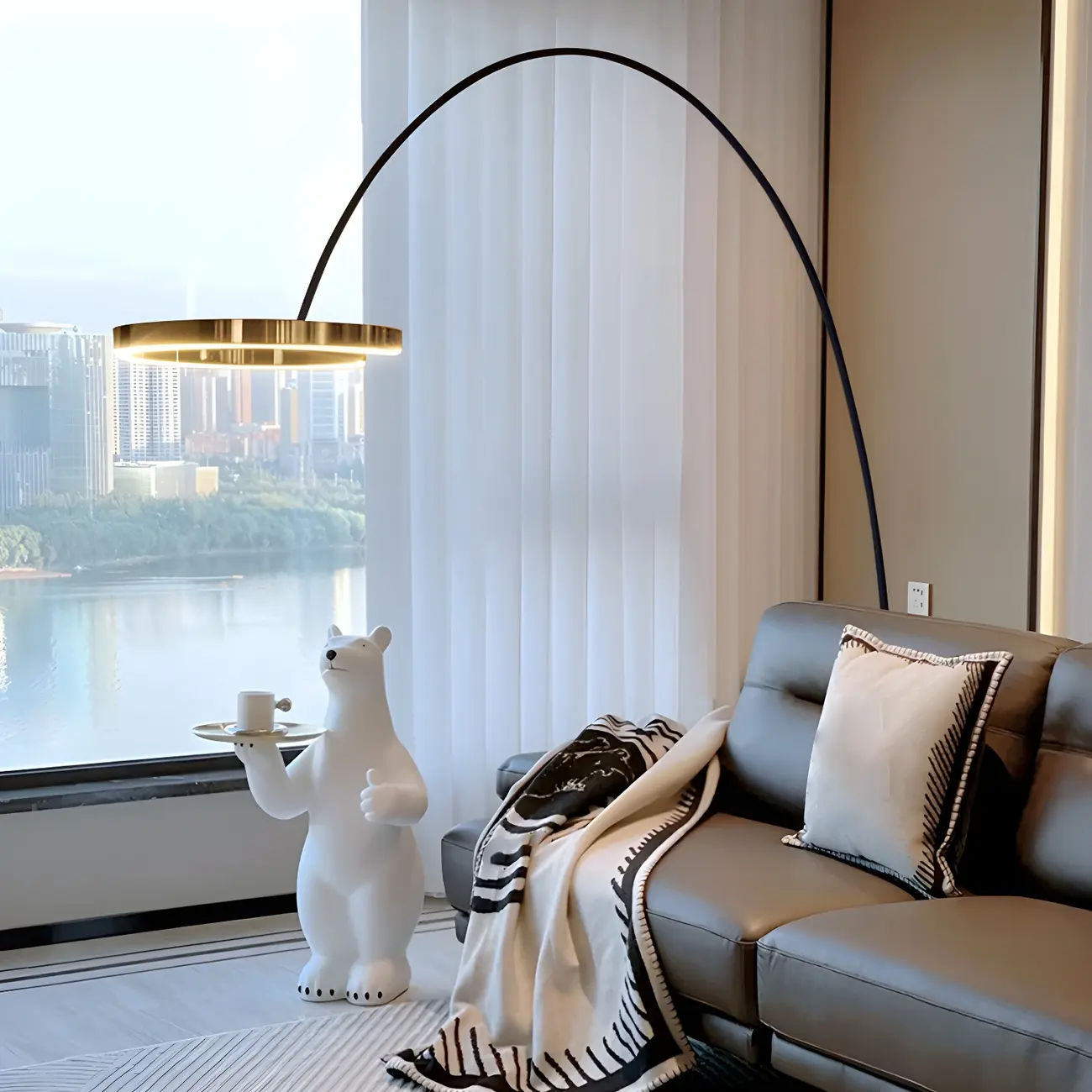 Metal Ring LED Arched Gold Floor Lamp Standing Light Dimmable | homeyfad