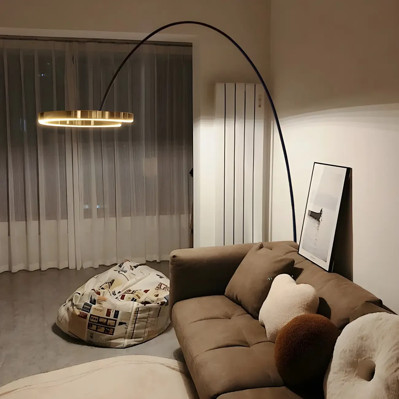 Metal Ring LED Arched Gold Floor Lamp Standing Light Dimmable