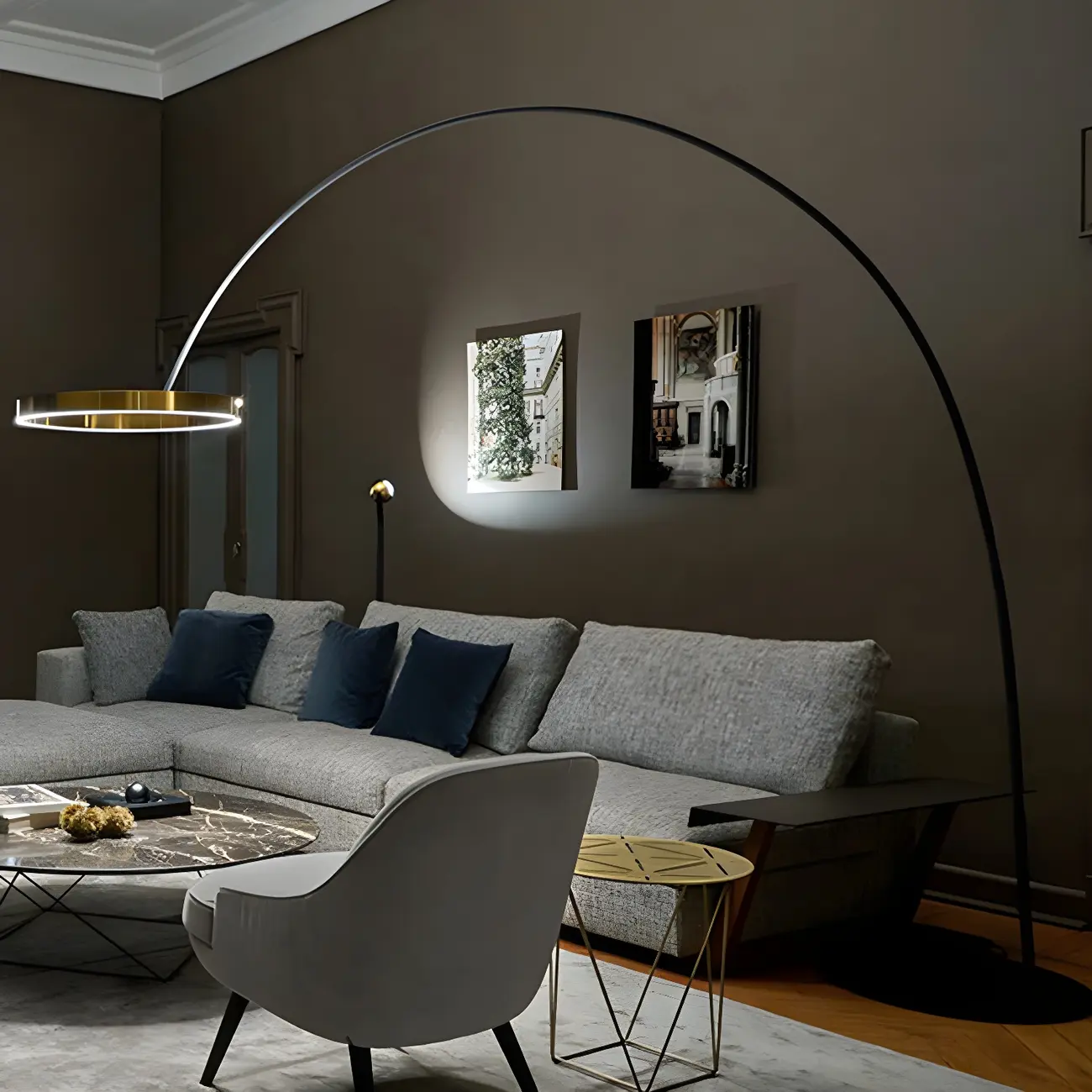 Metal Ring LED Arched Gold Floor Lamp Standing Light Dimmable | homeyfad