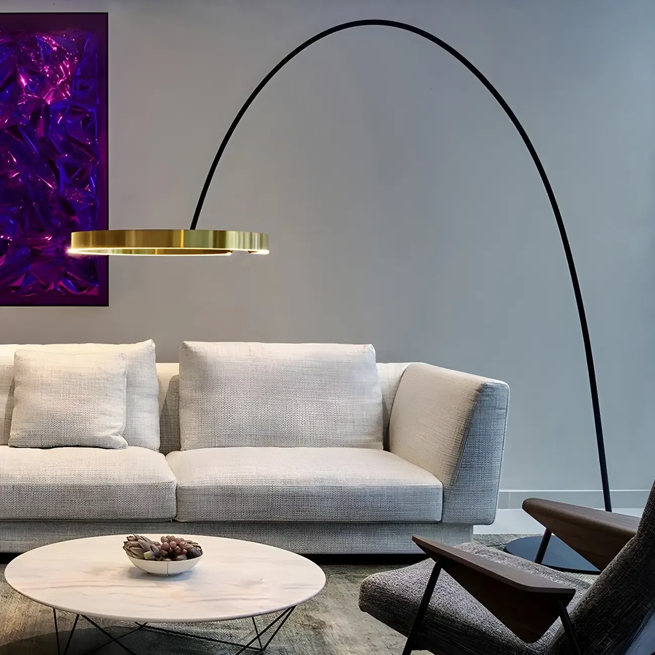 Metal Ring LED Arched Gold Floor Lamp Standing Light Dimmable