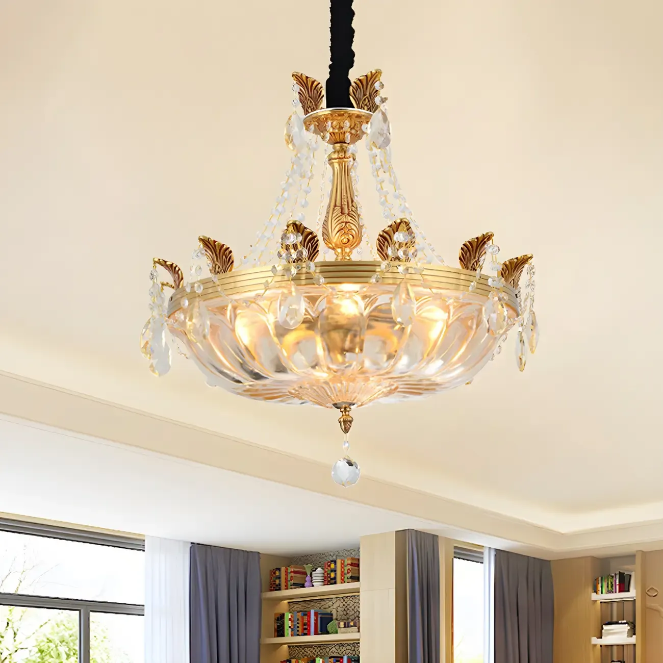 Luxurious Gold Brass Round Bowl Crystal Chandelier Image - 1