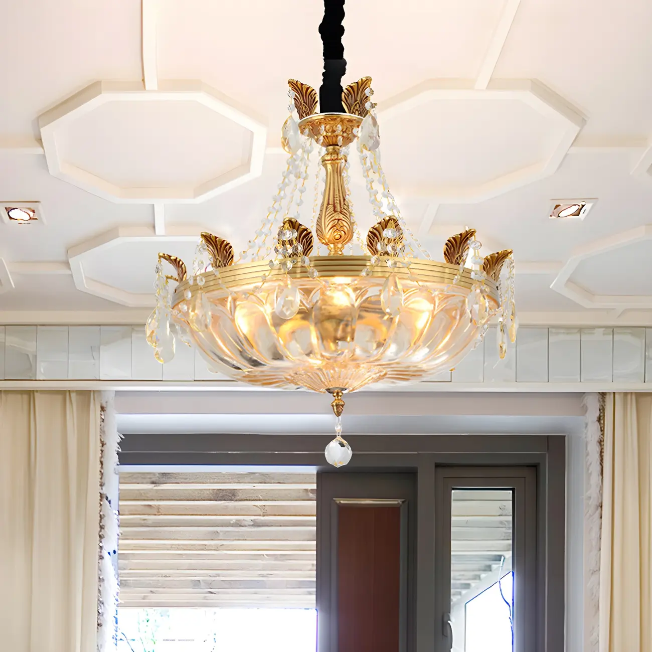 Luxurious Gold Brass Round Bowl Crystal Chandelier Image - 2 | homeyfad