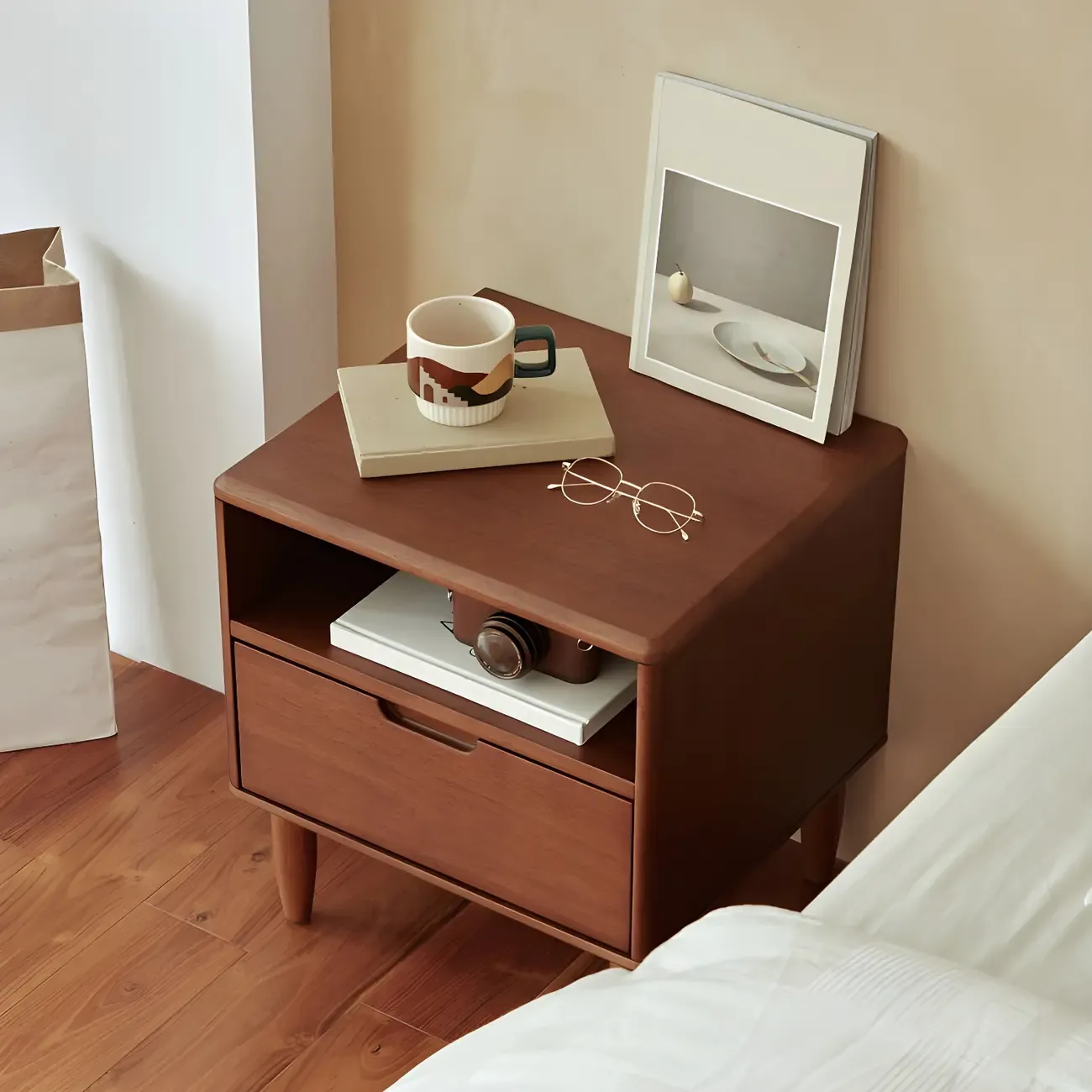 Narrow Brown 2-Tier Wood Nightstand for Bedroom Image - 2