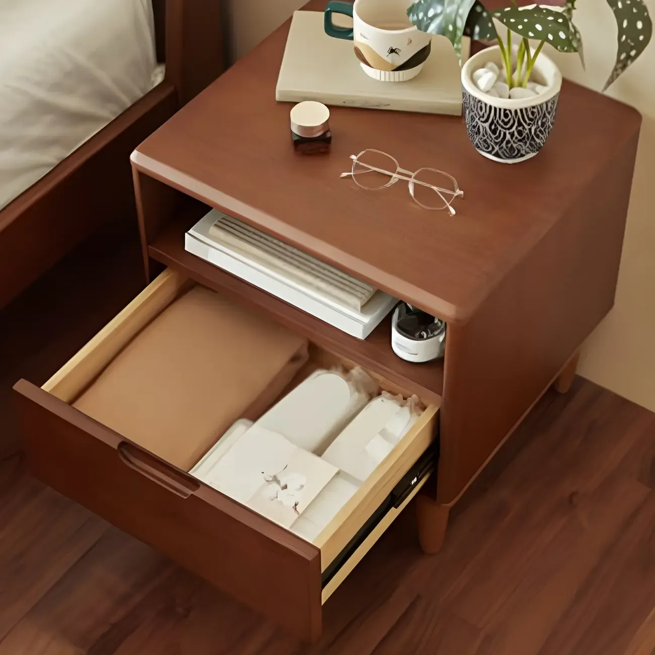 Narrow Brown 2-Tier Wood Nightstand for Bedroom Image - 7