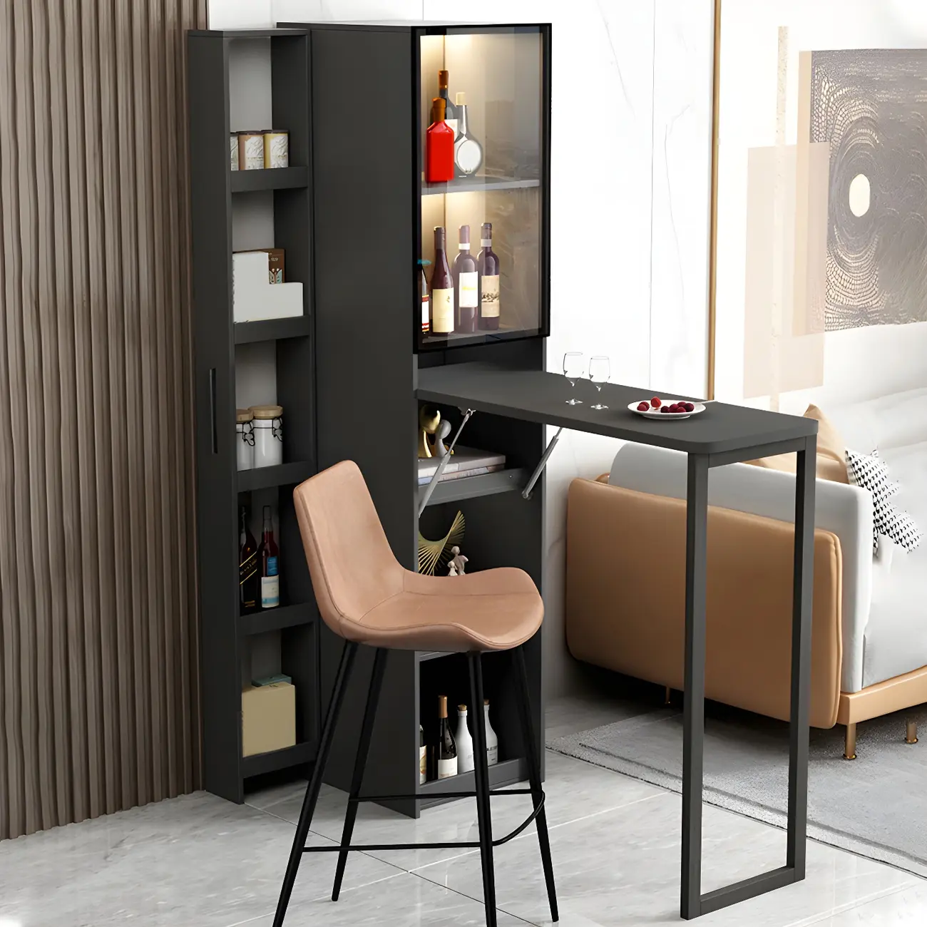 Modern Black Metal Foldable Rectangle Bar Table with Storage Image - 1 | homeyfad
