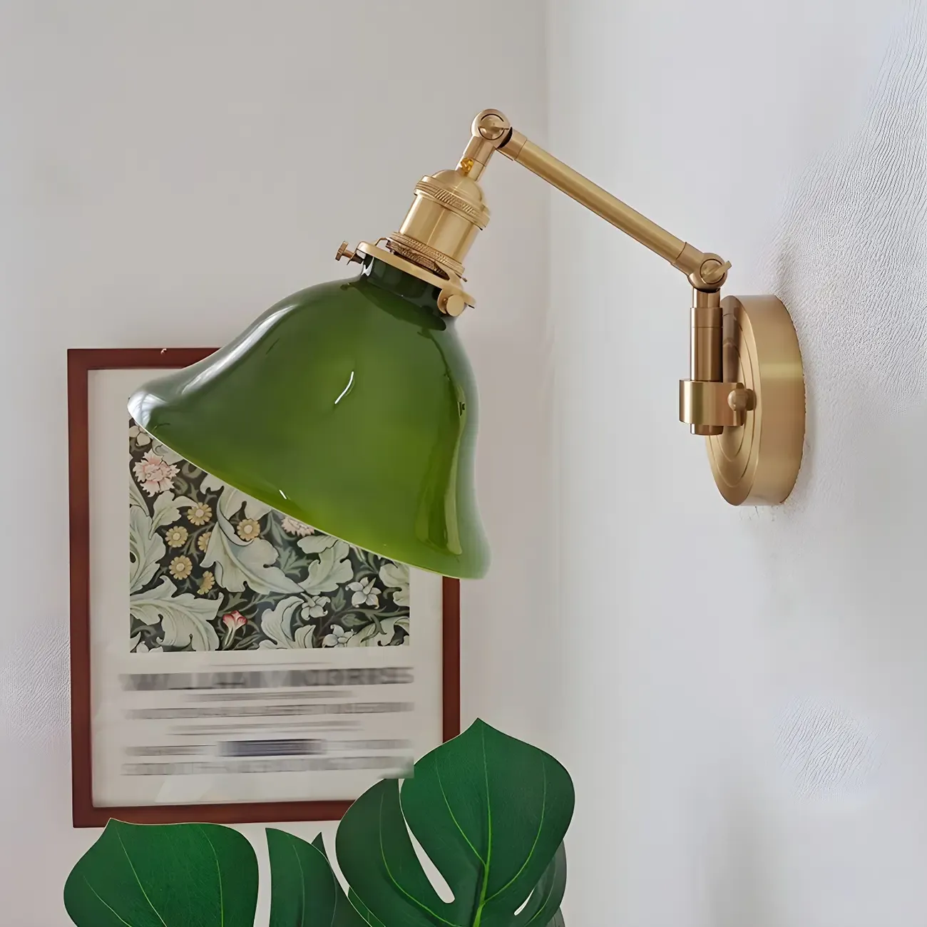 Vintage Brass Glass Adjustable Swing Arm Wall Light Image - 2