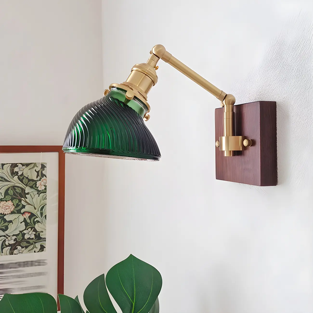 Vintage Brass Glass Adjustable Swing Arm Wall Light Image - 5 | homeyfad