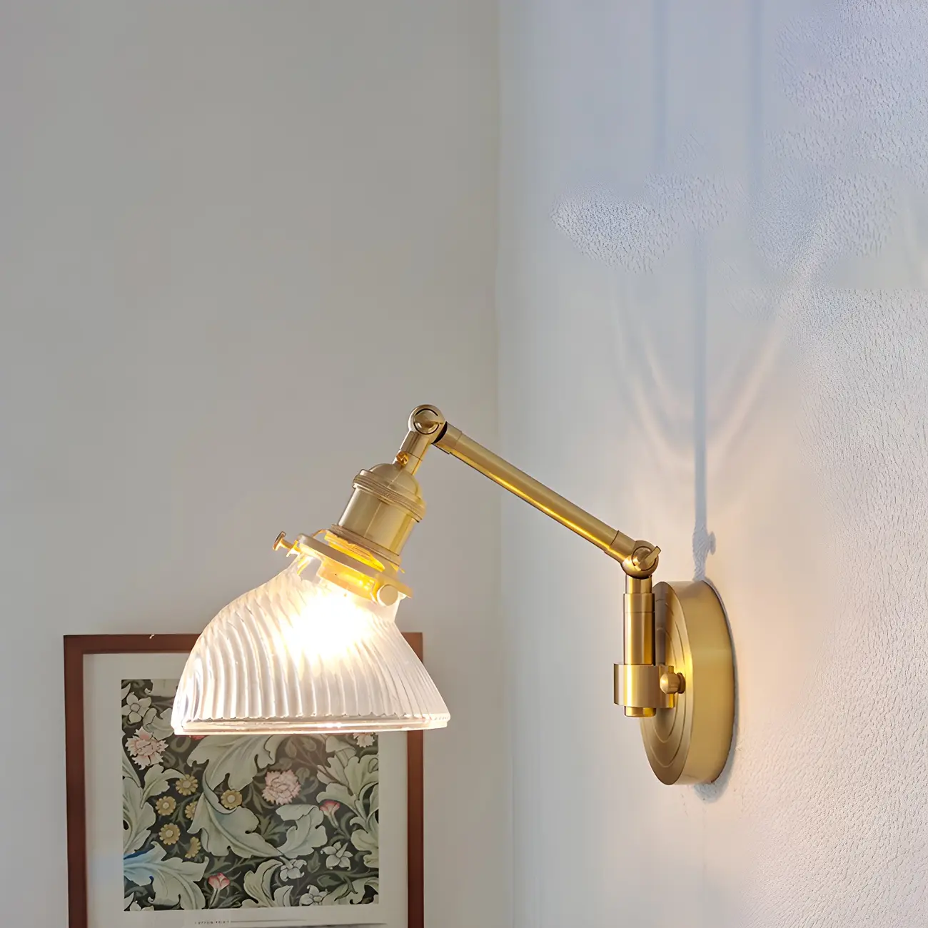 Vintage Brass Glass Adjustable Swing Arm Wall Light Image - 8 | homeyfad