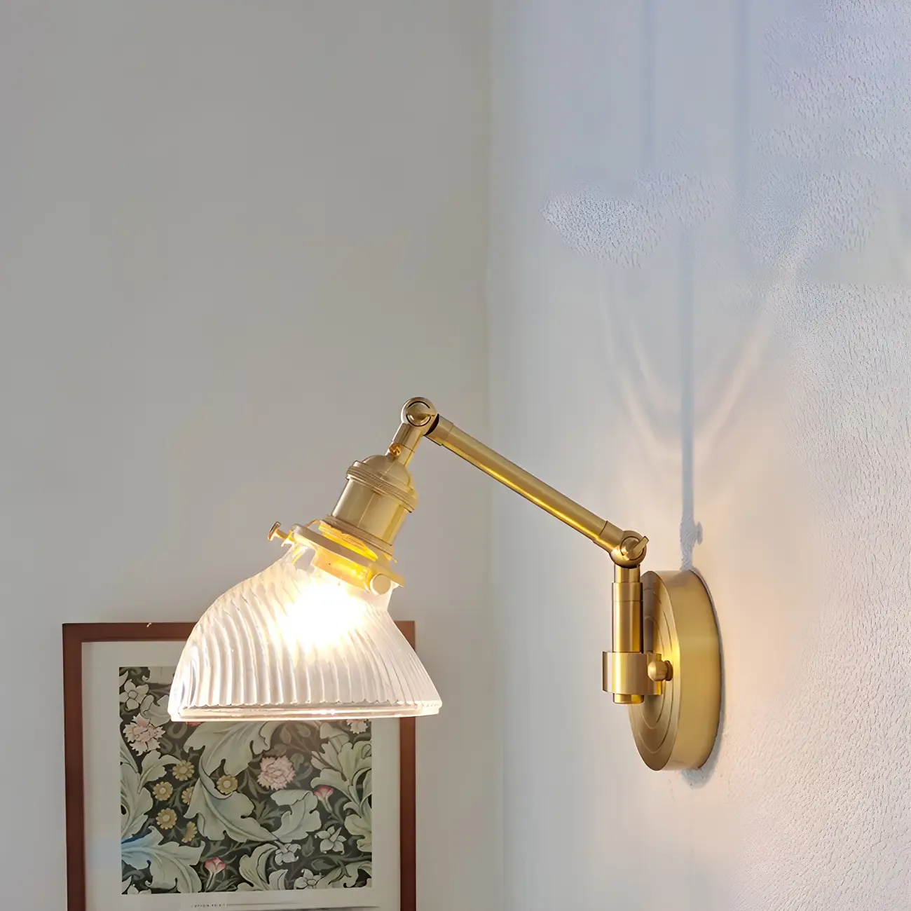 Vintage Brass Glass Adjustable Swing Arm Wall Light Image - 8