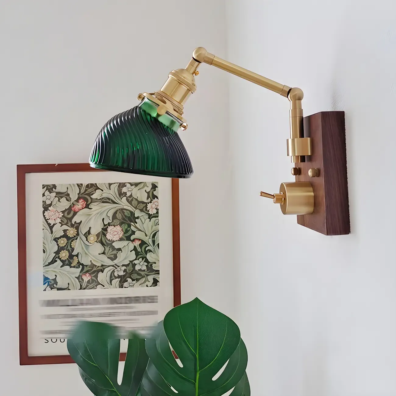 Vintage Brass Glass Adjustable Swing Arm Wall Light Image - 6