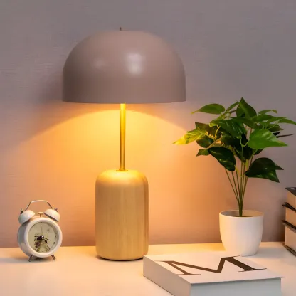 Minimalist Iron Wood Dome Shape Bedside Table Lamp Image - 3
