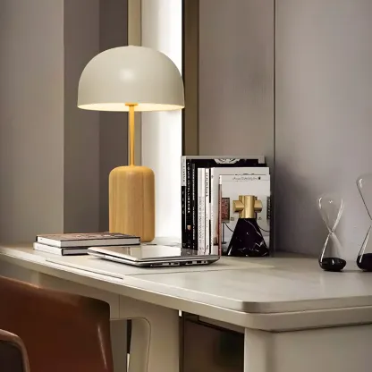 Minimalist Iron Wood Dome Shape Bedside Table Lamp Image - 8