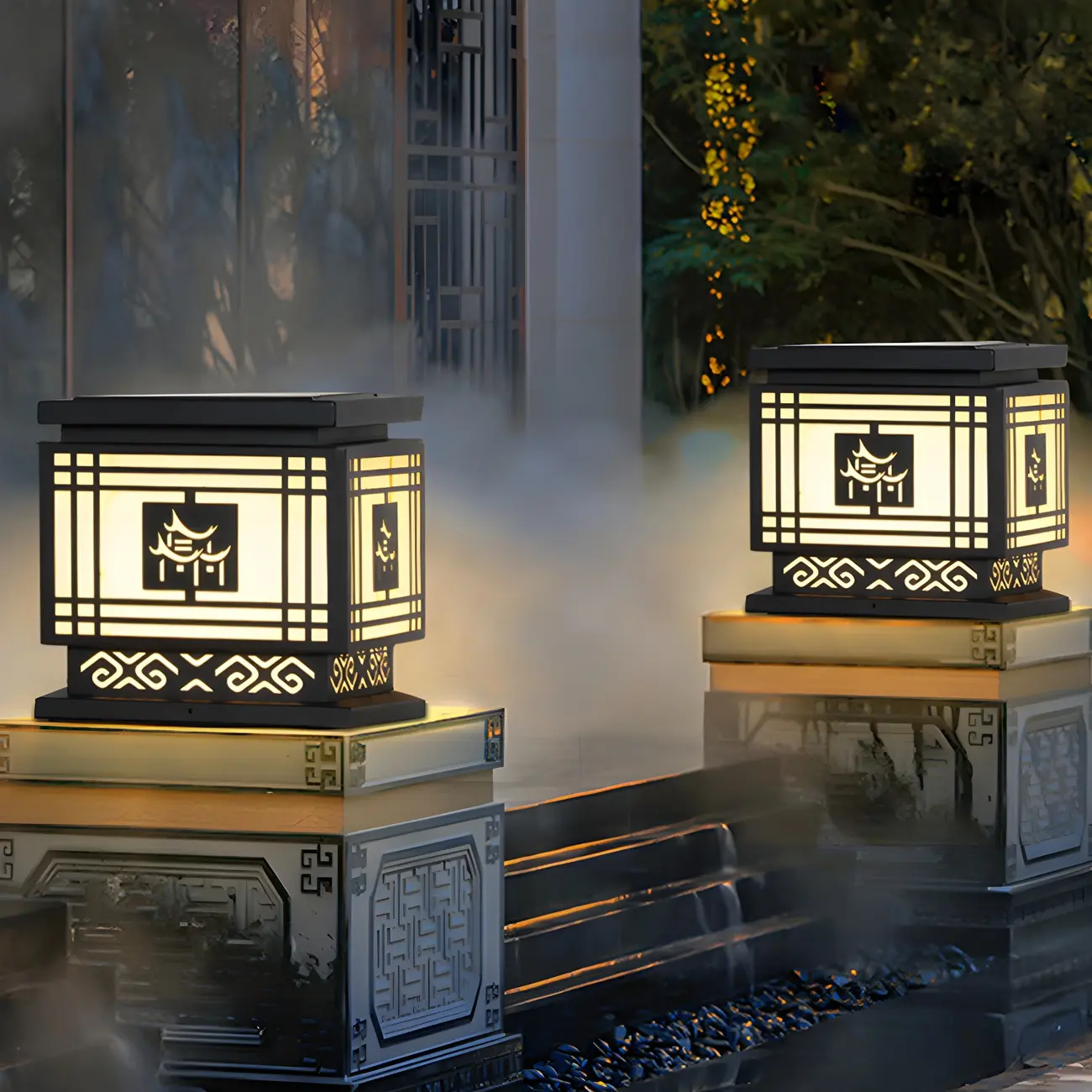 Oriental Black Silhouette LED Solar Outdoor Post Lights | homeyfad