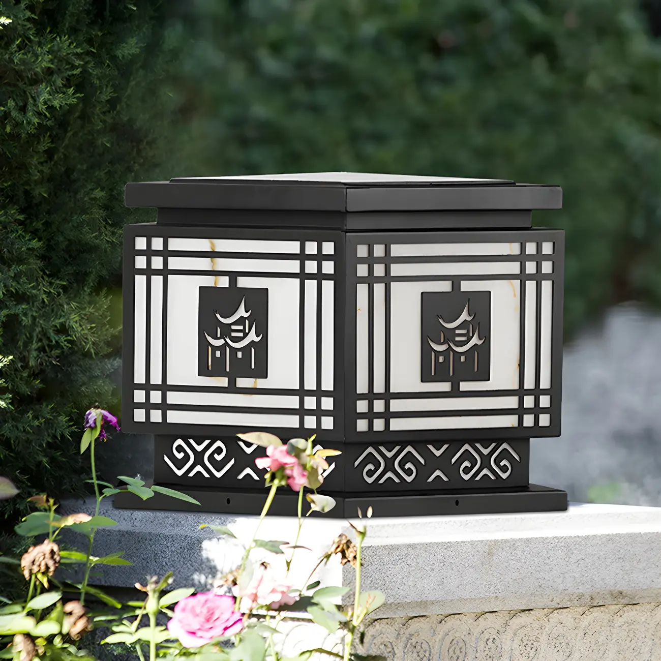 Oriental Black Silhouette LED Solar Outdoor Post Lights | homeyfad