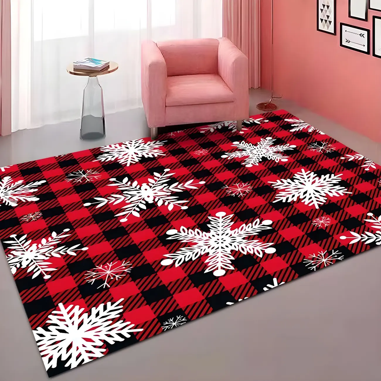 Christmas Snowflake Red Black Check Rectangle Area Rug Image - 1 | homeyfad