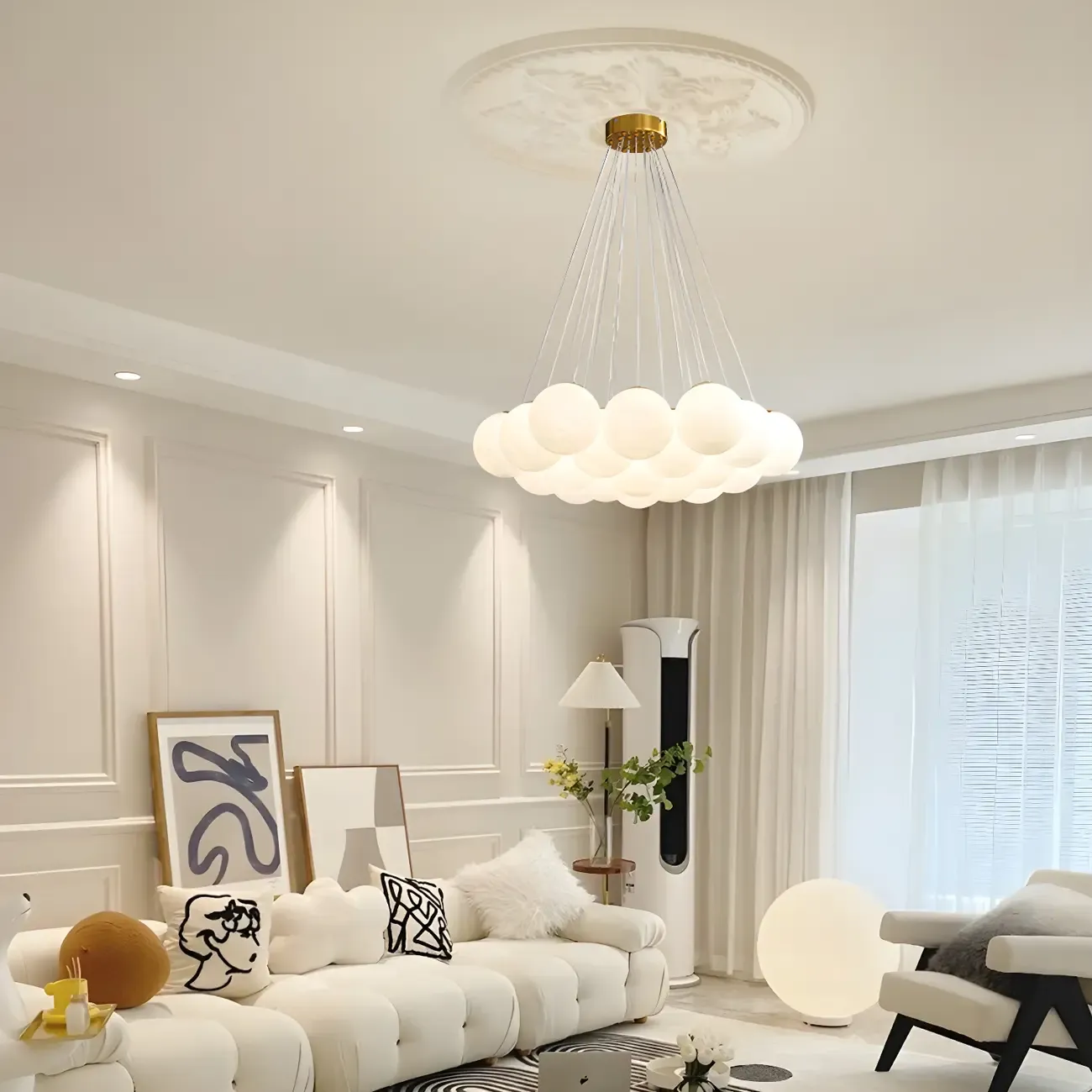 Adjustable White Glass Cluster Sphere Chandelier Modern Elegant Image - 2