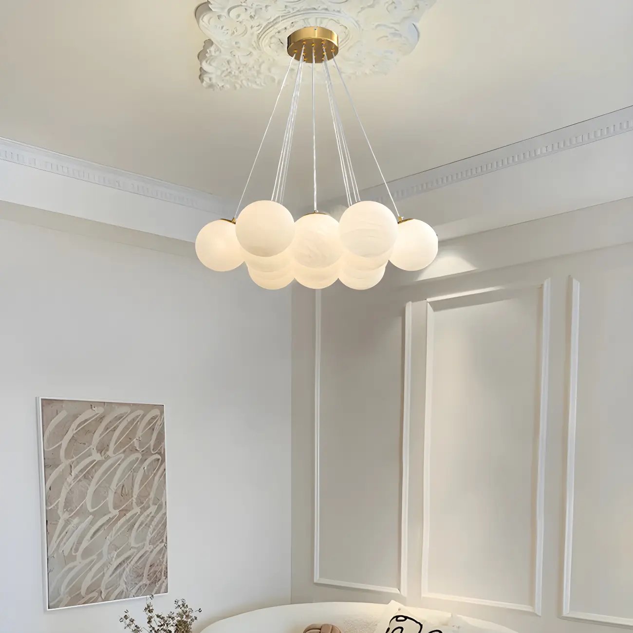 Adjustable White Glass Cluster Sphere Chandelier Modern Elegant Image - 4 | homeyfad