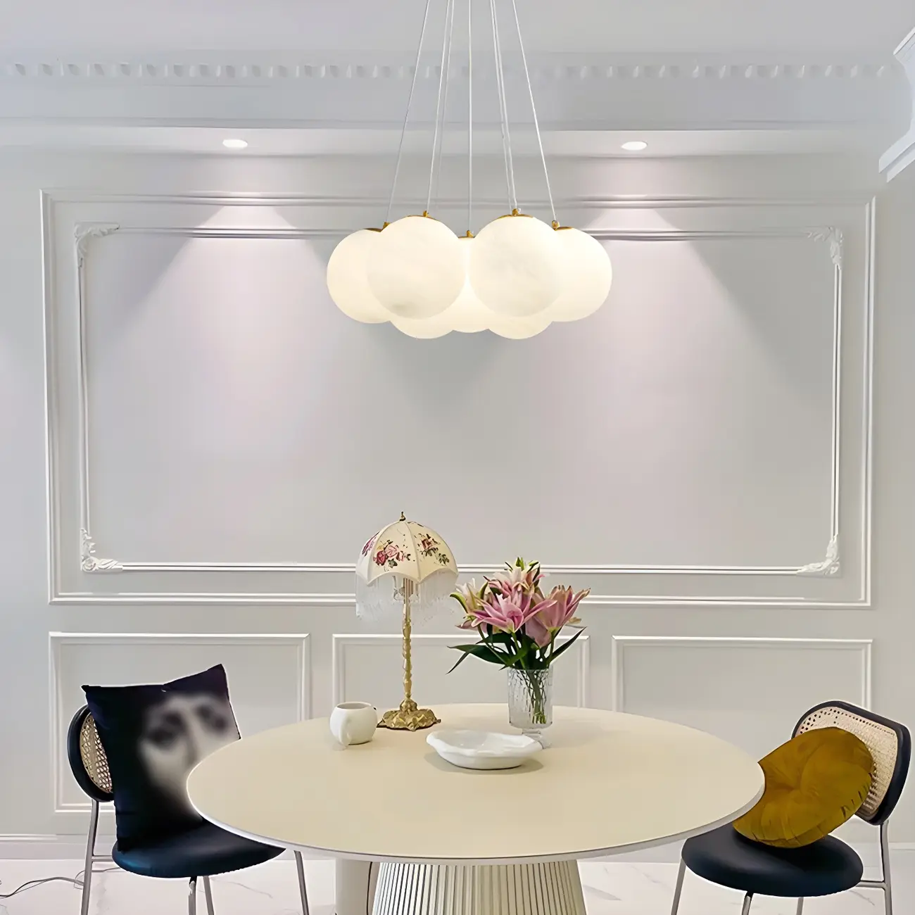 Adjustable White Glass Cluster Sphere Chandelier Modern Elegant Image - 3 | homeyfad