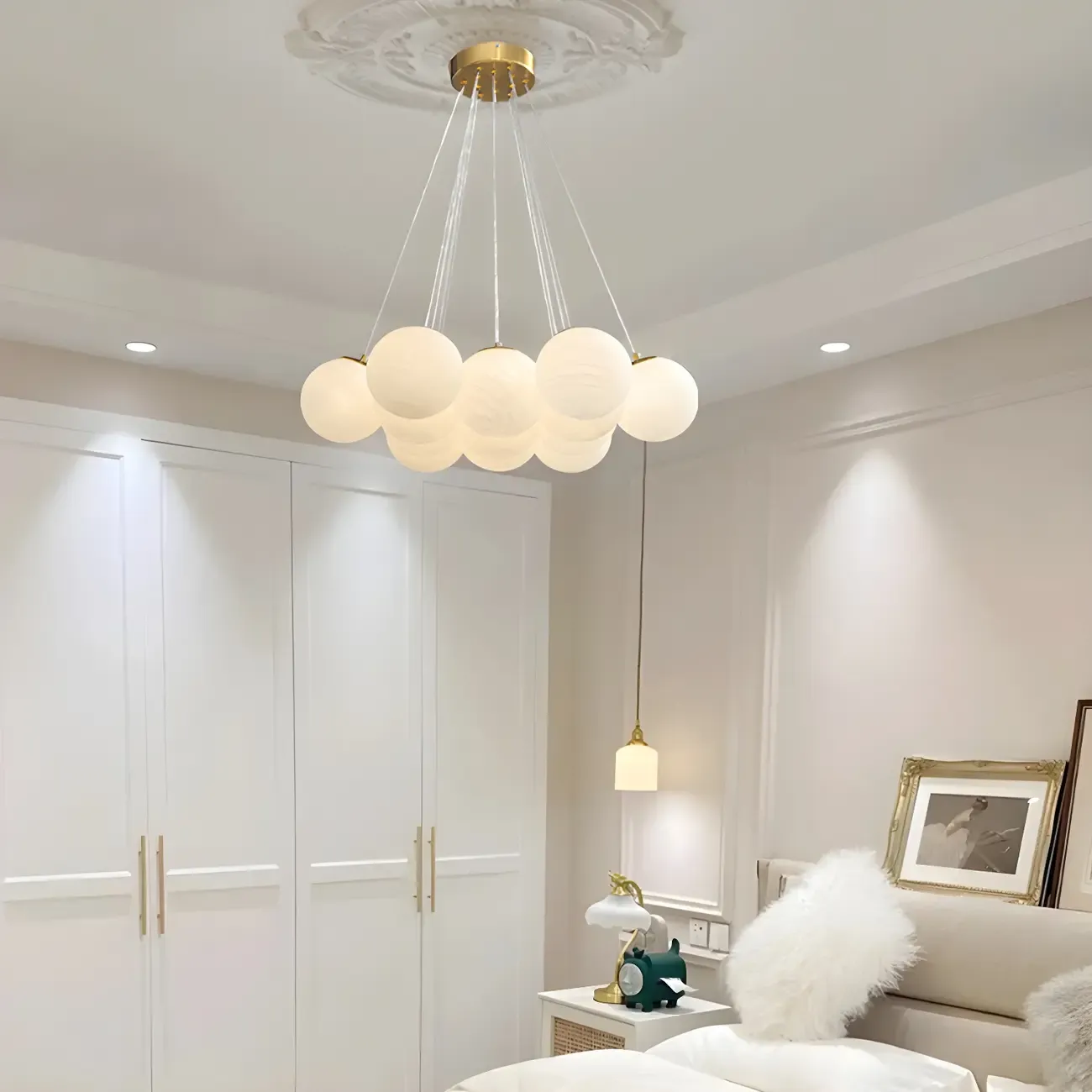Adjustable White Glass Cluster Sphere Chandelier Modern Elegant Image - 6