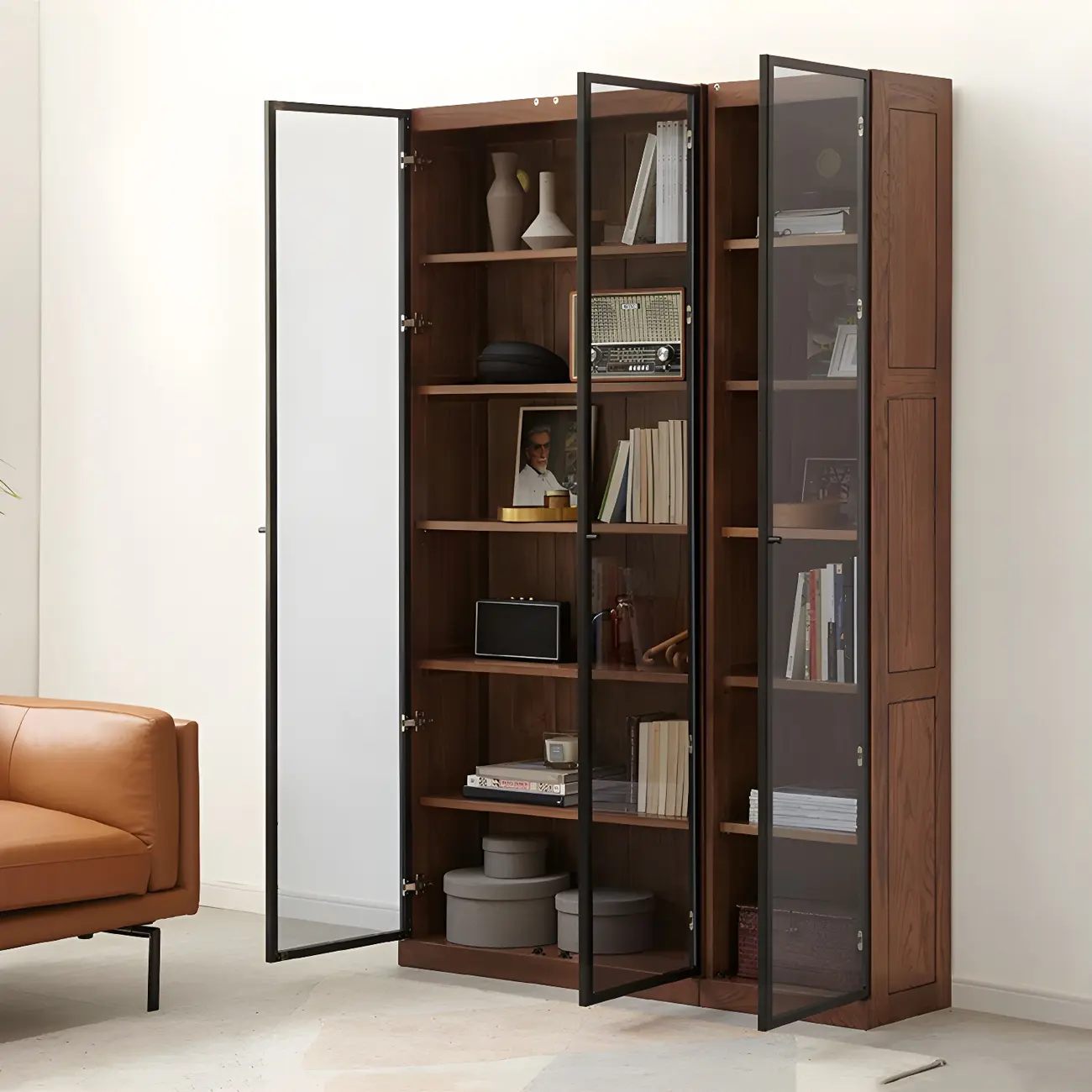 Adjustable Shelves Glass Solid Wood Display Wine Cabinet Image - 1 | homeyfad